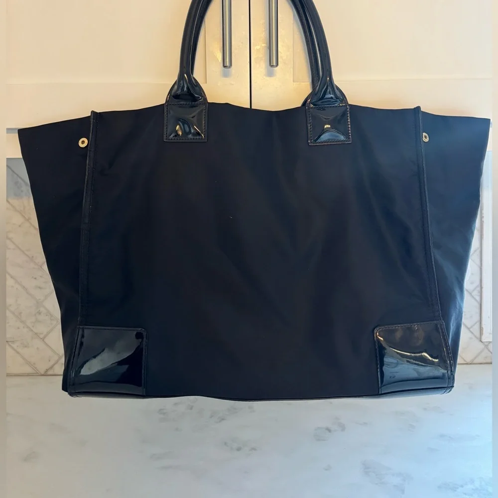 Tory Burch Black Nylon Tote with Patent Logo - Picture 7 of 15